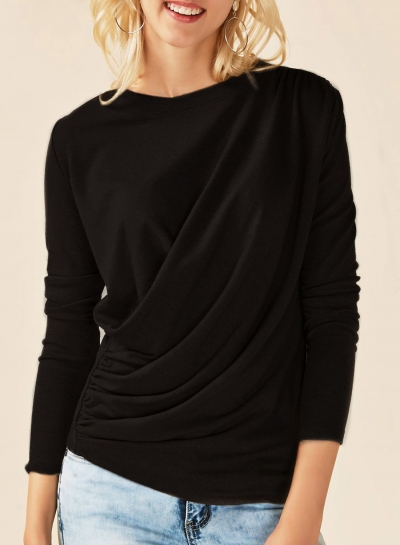 Solid Round Neck Long Sleeve Ruffle Knit Tee Shirt YOUYOUFASHIONEC.com