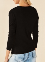 Solid Round Neck Long Sleeve Ruffle Knit Tee Shirt