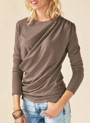 Solid Round Neck Long Sleeve Ruffle Knit Tee Shirt