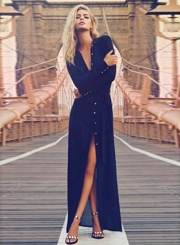 Long Sleeve Button front High Split Maxi Dress