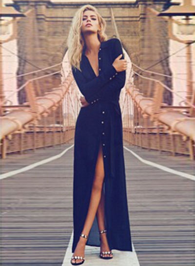 Long Sleeve Button front High Split Maxi Dress YOUYOUFASHIONEC.com