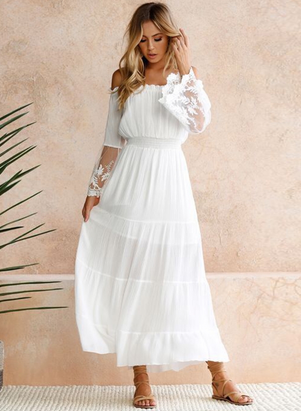 Off Shoulder Flare Sleeve Lace Maxi Dress