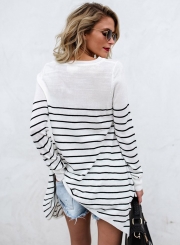 Casual Round Neck Long Sleeve Striped Splicing Pullover Tee Shirt