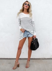 Casual Round Neck Long Sleeve Striped Splicing Pullover Tee Shirt