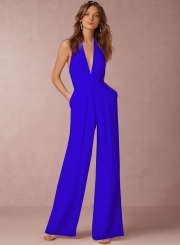 Fashion Halter V Neck Backless Wide-Leg Jumpsuit