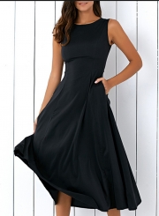 Elegant Round Neck Sleeveless Solid Color Pullover Maxi Dress