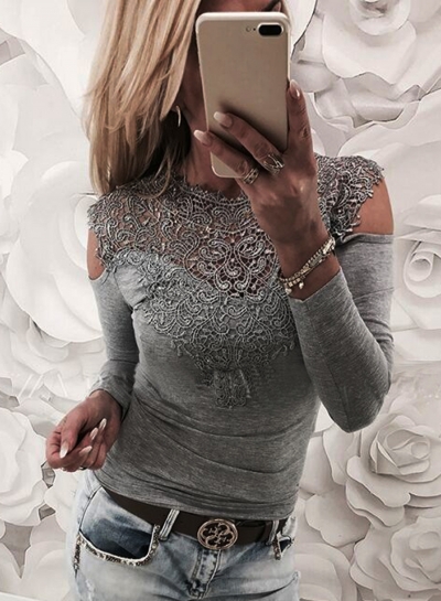 Fashion Round Neck Long Sleeve Off Shoulder Lace Splicing Tee Shirt