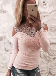 Fashion Round Neck Long Sleeve Off Shoulder Lace Splicing Tee Shirt