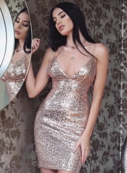 Spaghetti Strap V Neck Bodycon Sequins Night Club Dress