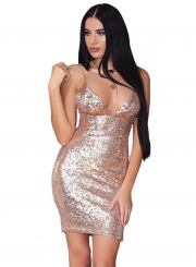 Spaghetti Strap V Neck Bodycon Sequins Night Club Dress