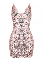 Spaghetti Strap V Neck Bodycon Sequins Night Club Dress