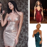 Spaghetti Strap V Neck Bodycon Sequins Night Club Dress