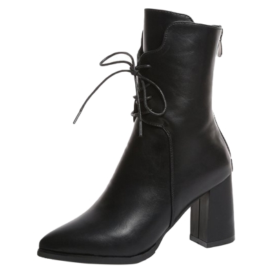 Solid Block Heels Lace up Pointed Toe Mid-calf Boots STYLESIMO.com