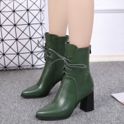 Solid Block Heels Lace up Pointed Toe Mid-calf Boots