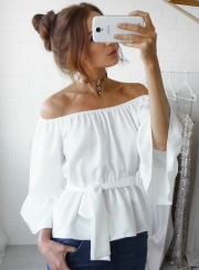 Off Shoulder Flare Sleeve Chiffon Blouse with Belt