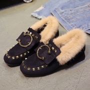 Square Toe Faux Fur Flat Rivet Warm Shoes