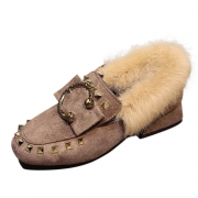 Square Toe Faux Fur Flat Rivet Warm Shoes