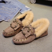 Square Toe Faux Fur Flat Rivet Warm Shoes