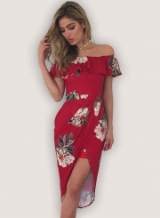 Off Shoulder Ruffle Slit Irregular Dress