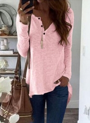 V Neck Long Sleeve Button front High Low Tee