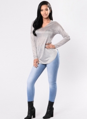 Fashion Round Neck Long Sleeve PU Splicing Pullover Tee Shirt