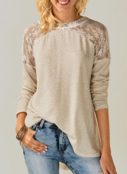 Fashion Round Neck Long Sleeve Lace Splicing Tee Shirt