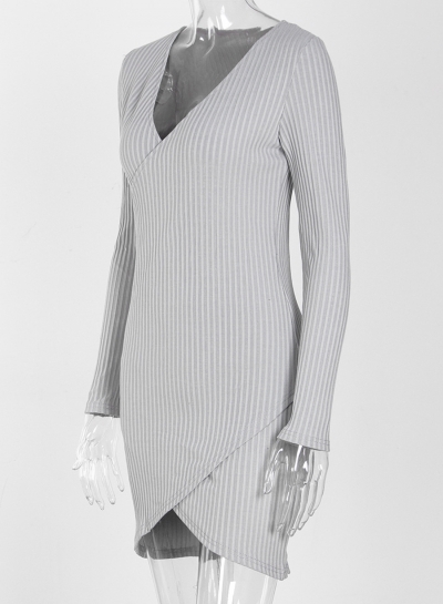 V Neck Long Sleeve Corduroy Bodycon Dress stylesimo.com