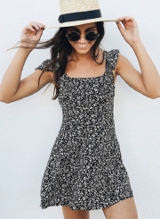 Short Sleeve Backless Floral Printed Mini Dress