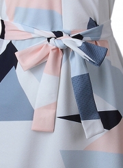 Fashion Turn Down Collar Long Sleeve Geometric Printed Irregular Dress