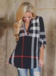 V Neck 3/4 Sleeve Loose Plaid Tee Shirt