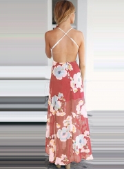 V Neck Sleeveless Backless Floral Irregular Dress