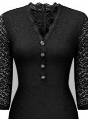 Elegant V Neck 3/4 Sleeve Lace Panel Maxi Prom Dress
