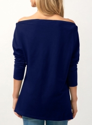 Fashion Slash Neck Long Sleeve Solid Color Irregular Tee