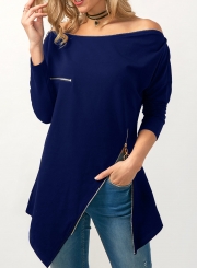 Fashion Slash Neck Long Sleeve Solid Color Irregular Tee