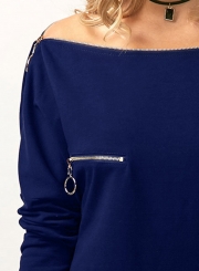 Fashion Slash Neck Long Sleeve Solid Color Irregular Tee