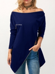 Fashion Slash Neck Long Sleeve Solid Color Irregular Tee