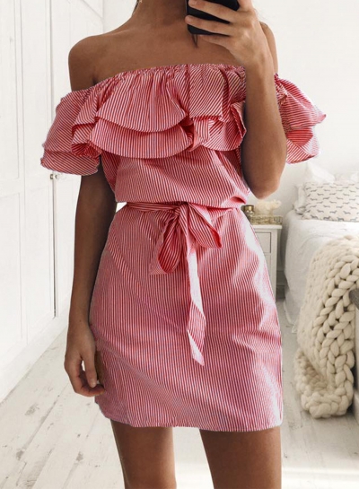 Casual Stripe Off Shoulder Ruffle Dress with Belt