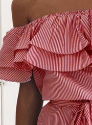 Casual Stripe Off Shoulder Ruffle Dress with Belt