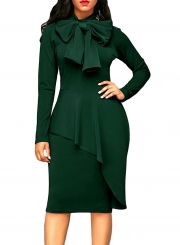 Solid Long Sleeve High Waist Bow Bodycon Dress