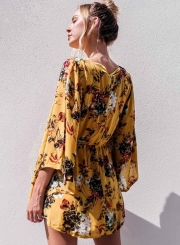 Fashion V Neck Flare Sleeve Floral Printed Lace-up Dress