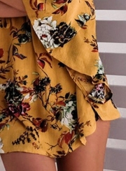 Fashion V Neck Flare Sleeve Floral Printed Lace-up Dress