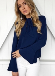 Elegant Lace-up Solid Color Flare Sleeve Blouse