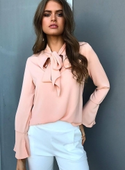 Elegant Lace-up Solid Color Flare Sleeve Blouse