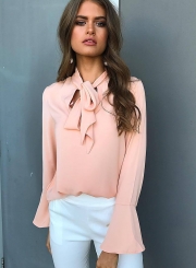 Elegant Lace-up Solid Color Flare Sleeve Blouse