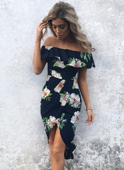 Off Shoulder Ruffle Slit Irregular Dress