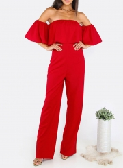 Off Shoulder Short Sleeve Ruffle Solid Jumpsuit