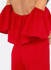 Off Shoulder Short Sleeve Ruffle Solid Jumpsuit