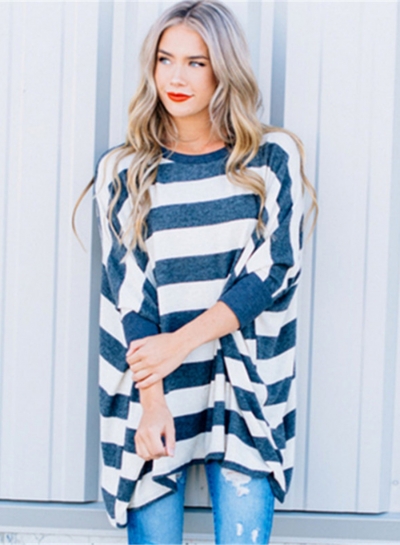 Fashion Loose Fit Stripe Pullover Batwing Sleeve Tee