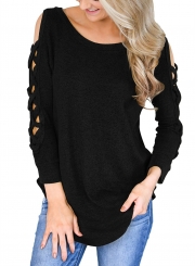 Fashion Round Neck Long Sleeve Hollow Out Tee Shirt