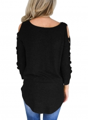 Fashion Round Neck Long Sleeve Hollow Out Tee Shirt